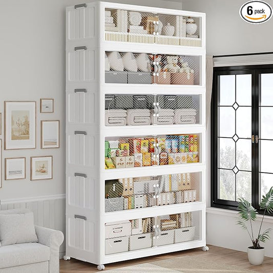960QT Extra Large Stackable Storage Bins with Lid, 240Gal Plastic Closet Organizers and Storage Drawer, Collapsible Cabinet Box with Wheels Clear Doors for Home Kitchen Garage, 6Pack White