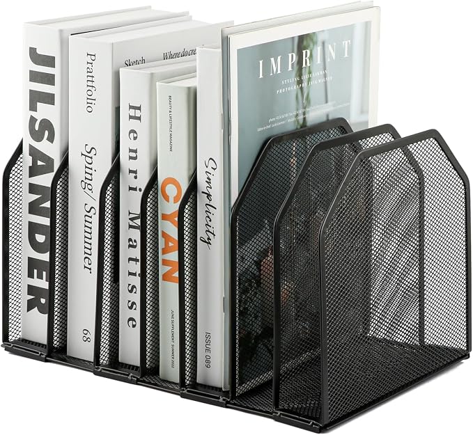 7-Section Vertical Mesh File Sorter, Black Metal Desktop Document Organizer with Extra Wide Spacing, Metal Paper Holder for Home Office Classroom Desk Storage