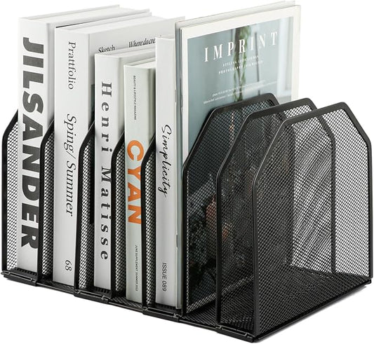 7-Section Vertical Mesh File Sorter, Black Metal Desktop Document Organizer with Extra Wide Spacing, Metal Paper Holder for Home Office Classroom Desk Storage