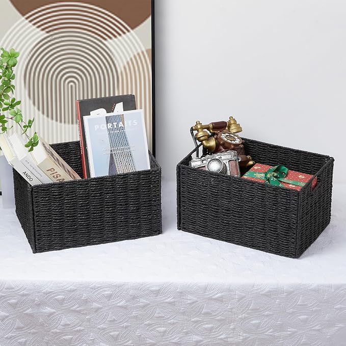 Vagusicc Wicker Storage Basket, Set of 2 Hand-Woven Paper Rope Wicker Basket, Small Storage Baskets for Organizing Toilet Paper Baskets, Foldable Large Cube Storage Organizer Bin for Shelves (Black)