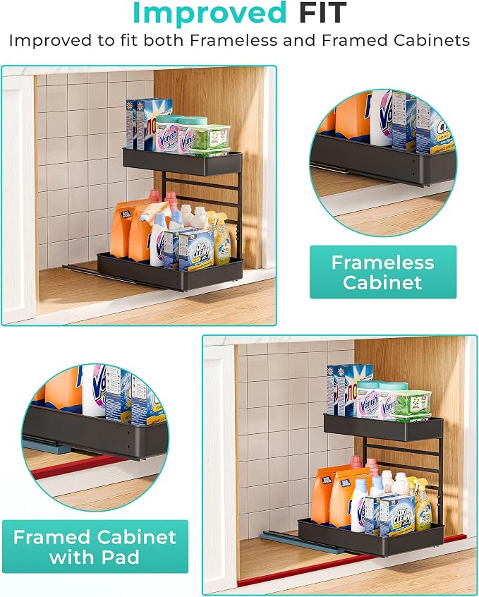 EVERIE Height Adjustable 2 Tier Metal Pull Out Slide Shelf Organizer for Under Sink Cabinets in Kitchen, Bathroom, with Snap-on Top Tray, 16" Deep (Black, 2 Sets) | Pull Out
