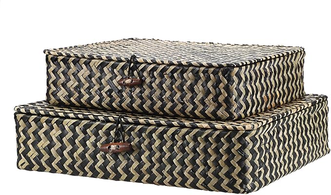 Hipiwe 2Pcs Flat Wicker Woven Basket with Lid Natural Seagrass Storage Box | Shelf Baskets Bin for Home Decor, Multipurpose Household Basket Organizer, Set of 2, Blacks Strips