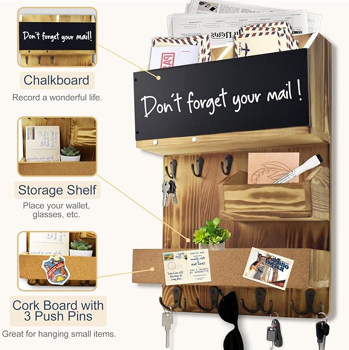 Mail Organizer Wall Mount，Key Holder Mail and Key Organizer for Wall with Shelf, Chalkboard, Corkboard, Home Decor for Room Office Entryway(Light Wood)