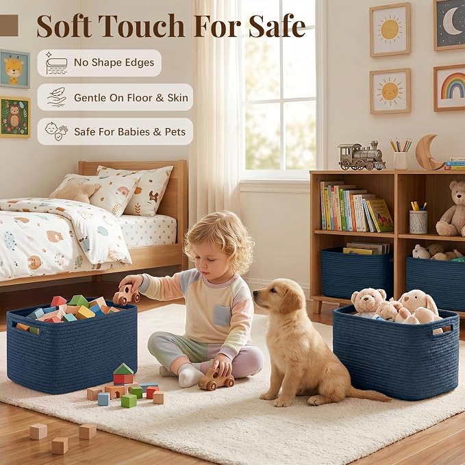 OIASKET 4Packs Natural Cotton Rope Storage Baskets for Organizing Toys, Clothes, Towels & Books, Soft Versatile Organizers for Shelves, Home Decorative Bins, 13''Lx9''Wx7.8''H, Blue