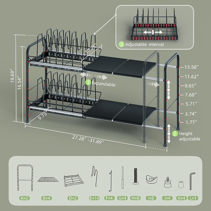 NETEL Expandable Under Sink Organizer，Pot and pan Organizer Under Cabinet | Pan Lid Organizer,Expandable Storage shelf with 2 Pan Racks（14 Dividers）and 4 Removable Panels,Adjustable partition height