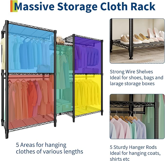Clothes Rack for Hanging Clothes, Freestanding Garment Rack Adjustable Heavy Duty 1874LBS Capacity with 5 Hanging Rods and 8 Wire Shelves, Portable Closet Wardrobe Organizer, 76.5"H x 73.6"L x 17.4"W