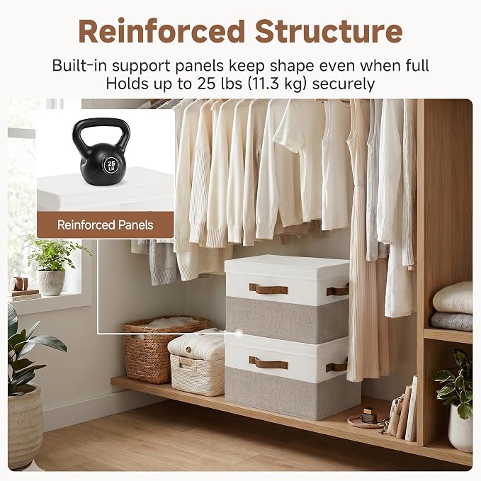 StorageWorks Fabric Storage Bins with Lids, Large Closet Storage Bins | Flip-Top Lid, 3 Handles, Collapsible, Stackable, for Clothes Blankets, Multi-Purpose, Large, Brown and White, 2-Pack