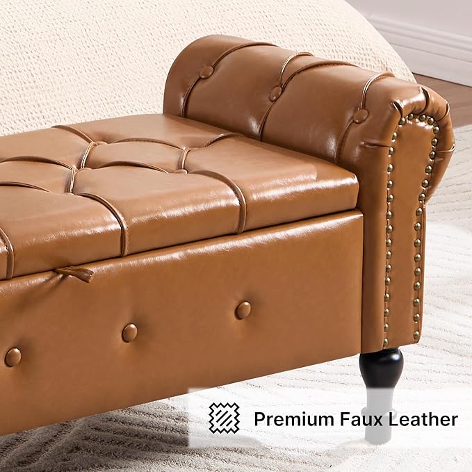 Storage Bench 51" Faux Leather End of Bed Benches Brown | Queen Size Storage Bench for Bedroom with Rolled Arms Tufted Ottoman Benches Upholstered Bench for Living Room Entryway