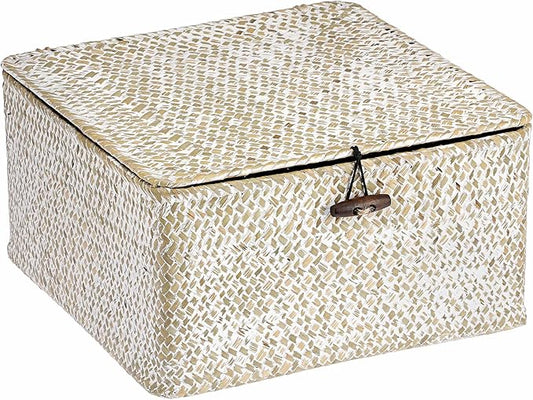 Hipiwe Wicker Shelf Basket Bin Square Handwoven Seagrass Storage Basket with Lid Home Organize Box for Bookshelf Living Room Bath Room Multipurpose Basket Container, Whitewash Large