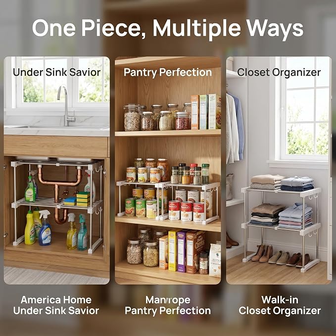 BLULEE Expandable Under Sink Organizer, No-Drill Adjustable Shelf | Custom fit around pipes cabinet rack for bathroom vanity and kitchen pantry, supporting heavy laundry supplies.