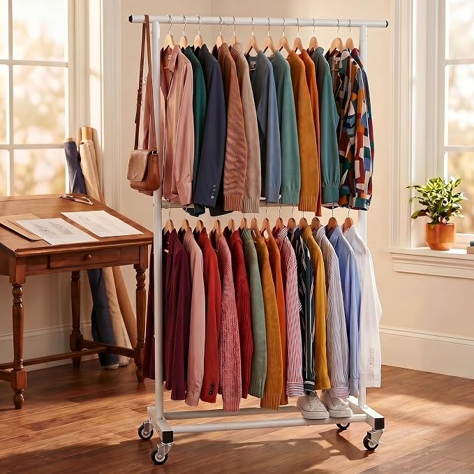 Sywhitta Double Rod Metal Clothing Garment Rack on Wheels, White | Rolling Clothes Organizer, for Hanging Clothes,Coats,Easy to Assemble,Space-Saving,Mobile Organizer for Closet