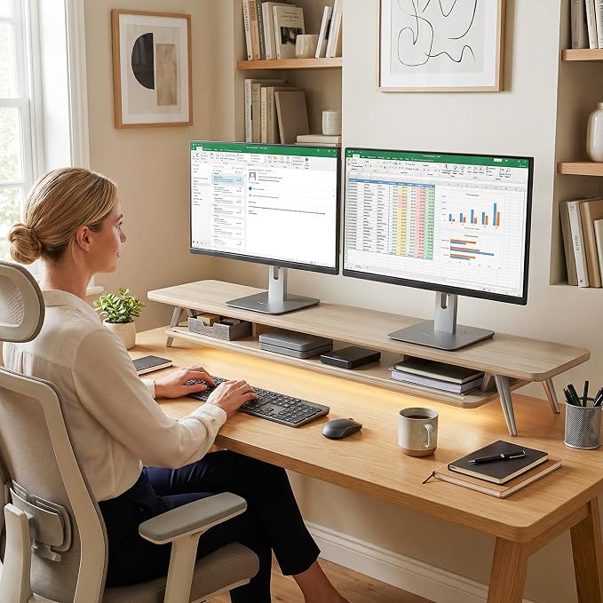 Fenge Dual Monitor Stand Riser, Wooden Desk Shelf with 2-Tier Storage | 47.2-Inch Extra Wide, Sturdy Aluminum Legs, Built-In Phone & Tablet Slot, Desktop Organizer for Office Accessories