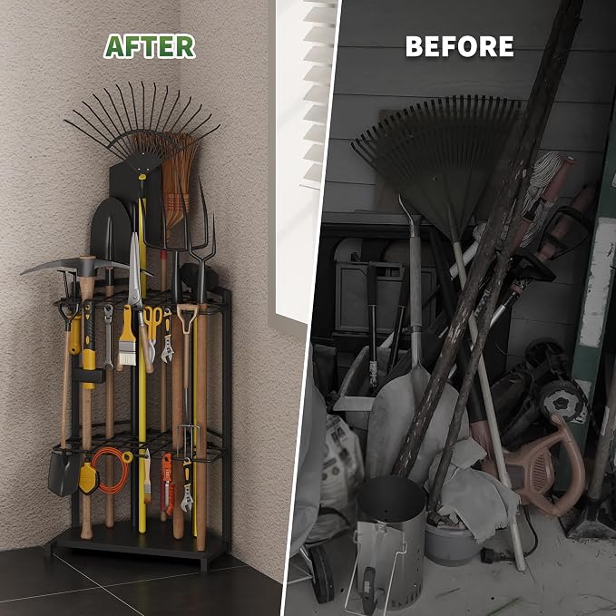 Garden Tool Organizer for Corner - Heavy Duty Metal Rack with 34 Storage Compartments & 14 Hooks for Shovels, Rakes, Long-Handled Tools, Ideal for Garden, Shed, Garage Storage