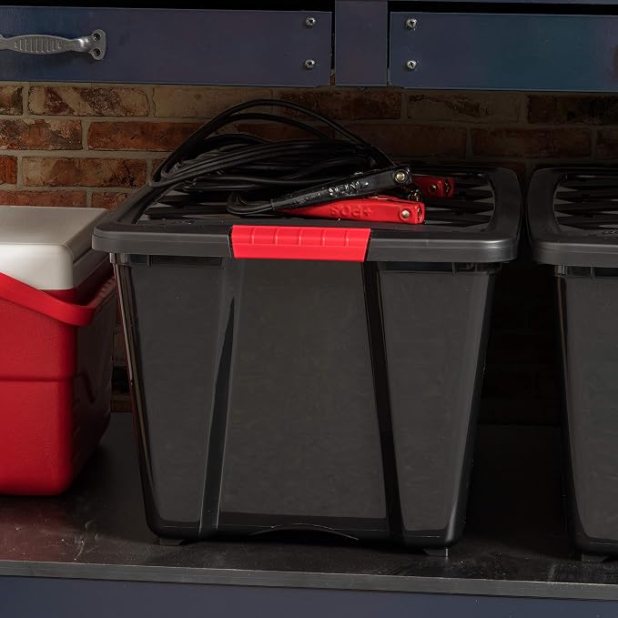IRIS USA 4-Pack 54 Quart Storage Bins with Lids, Black | Black finish conceals stored items. Perfect for moving, blankets, clothing, and garage storage. Nestable design saves space