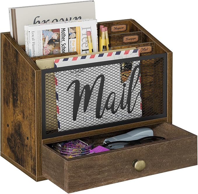 YINMIT Mail Organizer Countertop with 3 Compartments and Drawer, Mail Holder Sorter for Desk, Mail Organizer Wall Mounted, Countertop Desk Office Accessories Organizer for File Paper Folder