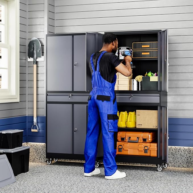 Yizosh Metal Garage Storage Cabinet with Locking Doors and Adjustable Shelves, -73" Steel Rolling Tool Storage Cabinet with 4 Wheels and 1 Drawer for Garage,Office,Warehouse
