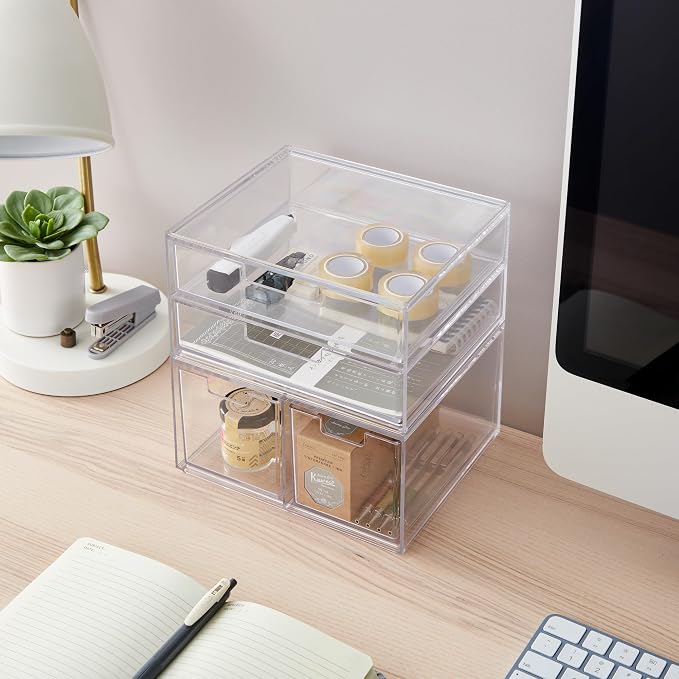 STORi Stackable Desk Organizer Drawers, Clear Pen Pencil Makeup Brush Holder for Desktops and Vanities, 4 Multi-size Drawers (Made in USA)