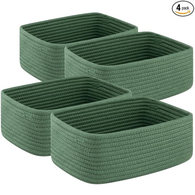 OIASKET 4 Pack Small Storage Shelf Baskets for Organizing, Mini Woven Rope Storage Bins for Towels, Cute Decorative Closet Organizer，Baby Nursery, Gift Empty Baskets -11.81''Lx7.87''Wx4.72''H-Green
