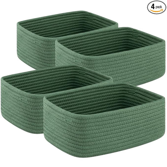 OIASKET 4 Pack Small Storage Shelf Baskets for Organizing, Mini Woven Rope Storage Bins for Towels, Cute Decorative Closet Organizer，Baby Nursery, Gift Empty Baskets -11.81''Lx7.87''Wx4.72''H-Green
