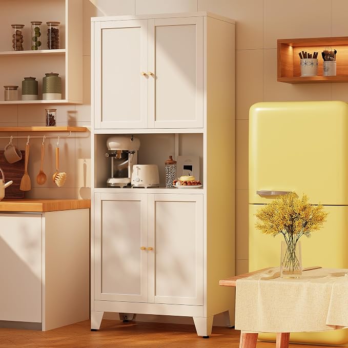69" H Kitchen Hutch Cabinet with Storage,White Metal Storage Cabinet,Microwave Cabinet,Kitchen Pantry Cabinet with Countertop
