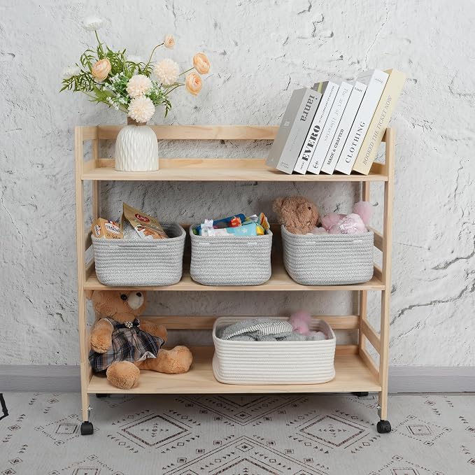 XUANGUO Small Woven Storage Baskets for Shelves, 12" x 8" x 5", Gray | Decorative rope storage bins for closets and toy storage; cute organizer baskets, empty gift baskets and nursery storage.