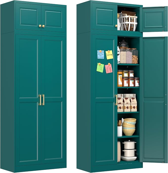 Polup 86" Tall Metal Kitchen Pantry Storage Cabinet with Doors and Shelves | Heavy-Duty Green Cabinet, 4 Adjustable Shelving, Gold Handles, Magnetic Latch, for Dining Living Room, Bathroom & Garage