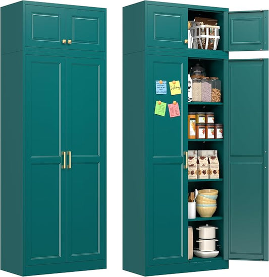 Polup 86" Tall Metal Kitchen Pantry Storage Cabinet with Doors and Shelves | Heavy-Duty Green Cabinet, 4 Adjustable Shelving, Gold Handles, Magnetic Latch, for Dining Living Room, Bathroom & Garage
