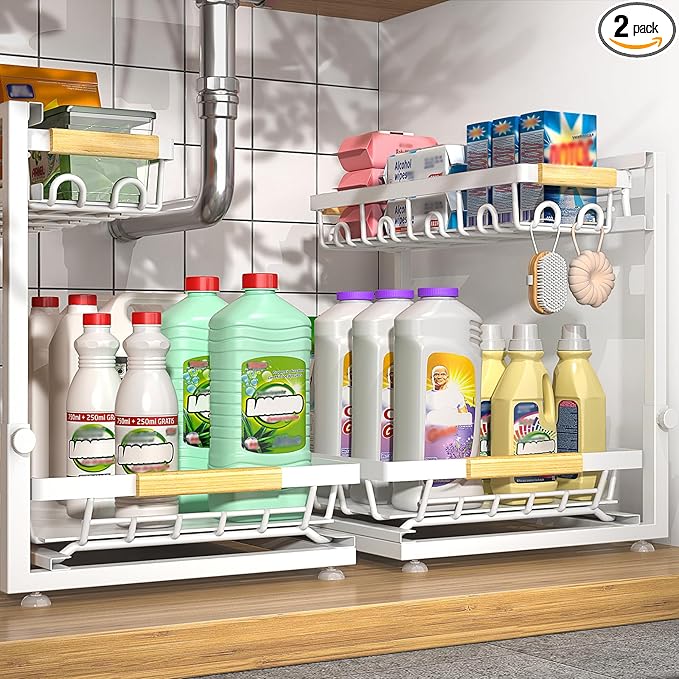Sevenblue 2-Pack 2-Tier Height Adjustable Under Sink Organizer & Storage | Multi-purpose storage for kitchen & bathroom cabinet. Large white shelf, height adjustable design for space-saving.