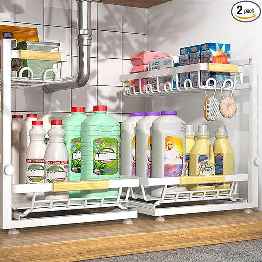 Sevenblue 2-Pack 2-Tier Height Adjustable Under Sink Organizer & Storage | Multi-purpose storage for kitchen & bathroom cabinet. Large white shelf, height adjustable design for space-saving.