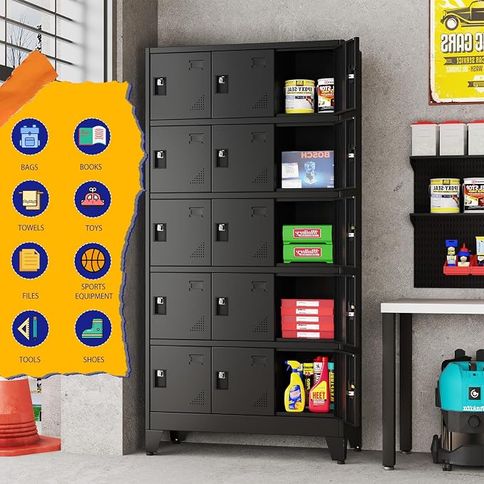 PAOFIN Metal Storage Lockers for Employees with Lock,Metal Storage Locker with 15 Doors for School Garage Office Gym Bedroom,Assembly Required,15 Door Black