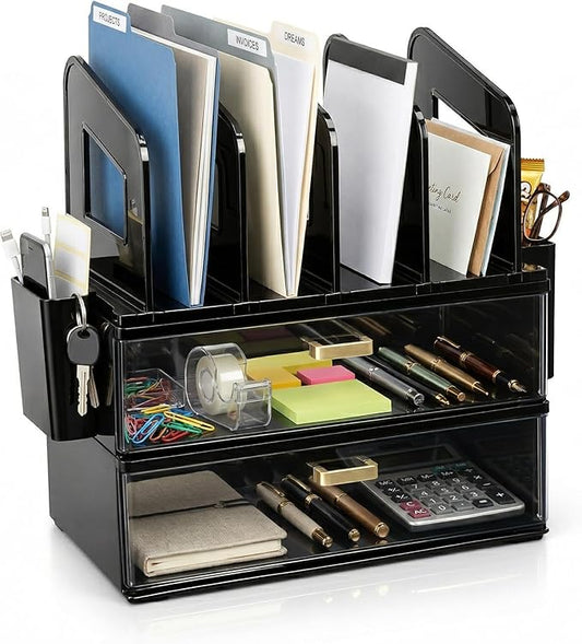 CiWiVOKi Desk Organizer with 4 File Slots and 2 Drawers, Black | File organizer with dual pen holders and storage compartments for mail, documents and office supplies