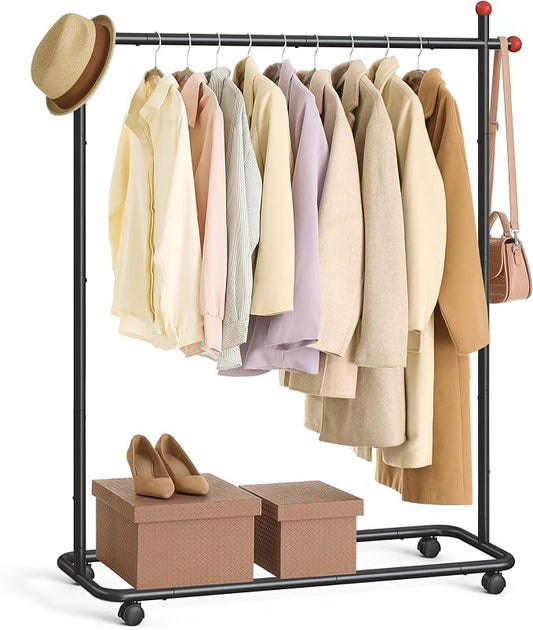 SONGMICS HOME Clothes Rack, Clothing Rack on Wheels, Portable Garment Rack, with 1 Clothes Hanging Rail, Matchstick-Shaped Hooks, Ink Black UHSR170B01