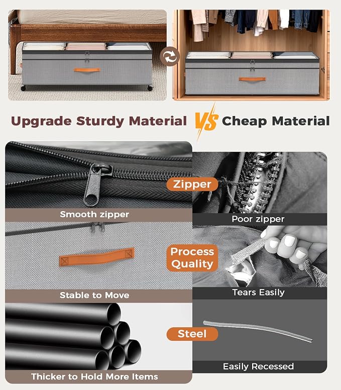 Under Bed Storage with Wheels, 35.5 inches Underbed Storage Large Capacity Under Bed Rolling Containers, 2 Pack Under the Bed Storage for Clothes, Shoes, Blankets (Deep Gray)