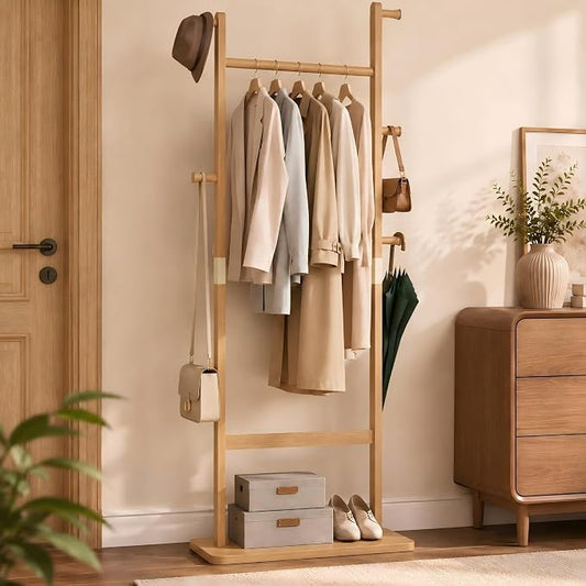 Solid Wood Coat Rack Freestanding, Clothing Rack with 5 Hooks & Bottom Shelf, Coat Rack Stand for Hanging Clothes, Wood Hall Tree Organizer for Entryway, Bedroom (Natural Wood 23.6"W x 70.8"H)