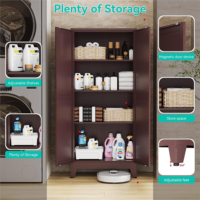 Metal Storage Cabinet with Doors and Adjustable Shelves | 61" Tall Pantry Cabinet for Kitchen Dining Room Bathroom Garage,Reddish Brown,1 Pce