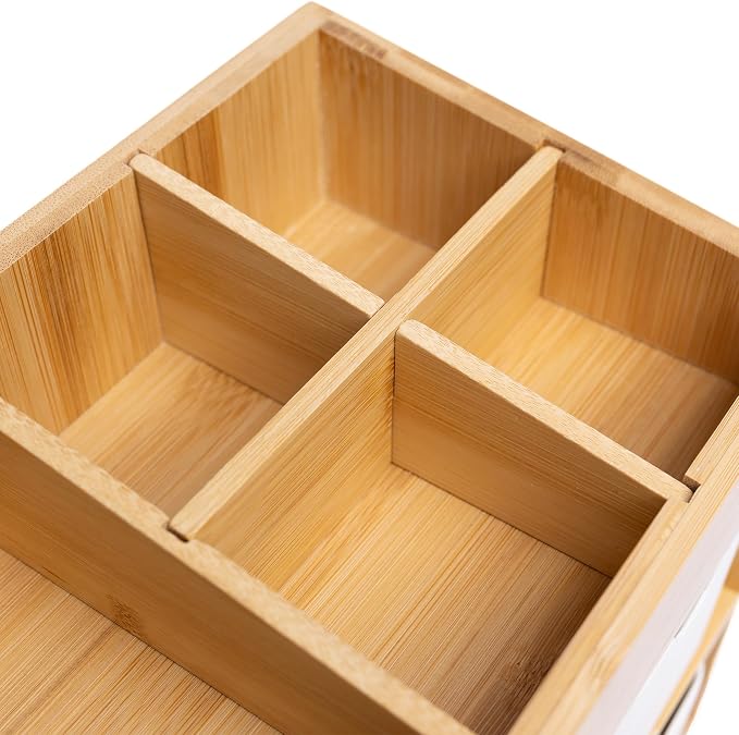 Small Bamboo Makeup Organizer（5.7" D x 8" W x 7.5" H） | Dresser Cosmetic Organizer Box Bamboo Desk Organizer for Home, Adjustable Dividers 3 Drawers
