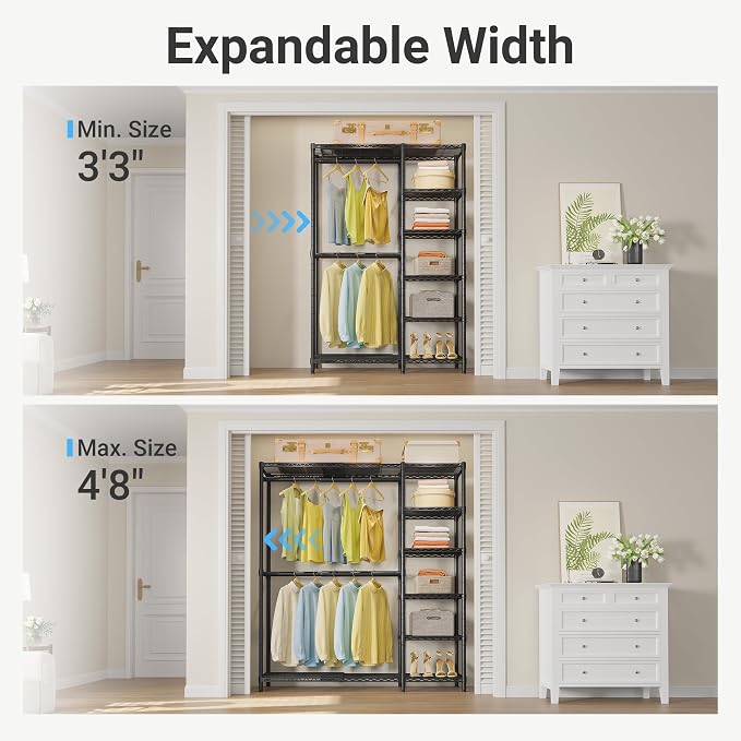 VIPEK X2 Expandable Clothes Rack Portable Closet Organizer System Black | Heavy Duty Closet Racks Adjustable from 3'3" to 4'8" with Shelves and Hanger Rods Reach-in Clothing Rack for Hanging Clothes