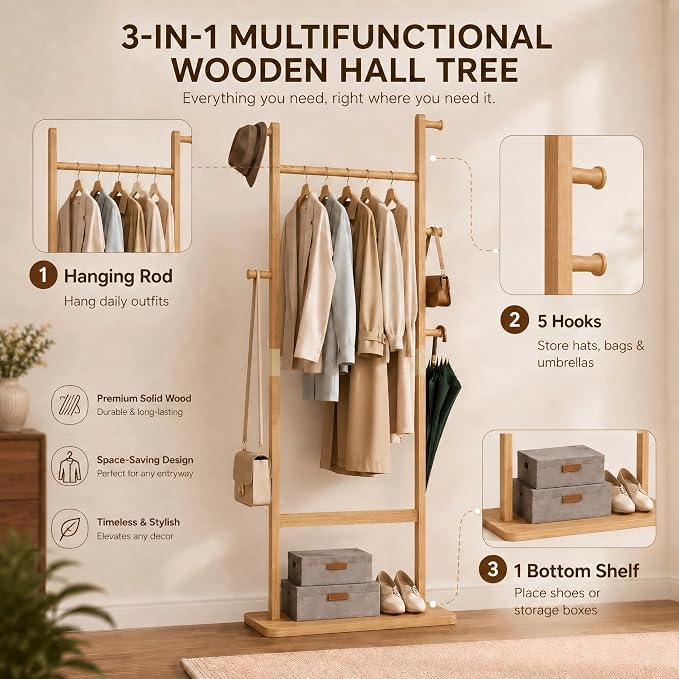 Solid Wood Coat Rack Freestanding, Clothing Rack with 5 Hooks & Bottom Shelf, Coat Rack Stand for Hanging Clothes, Wood Hall Tree Organizer for Entryway, Bedroom (Natural Wood 23.6"W x 70.8"H)