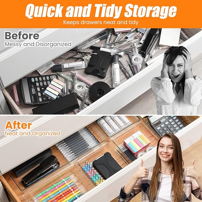 Criusia 18 Pcs Large Size Clear Drawer Organizer Set, Acrylic Non Slip Non Cracking Kitchen Drawer Storage Tray Divider, Multifunctional Storage for Cosmetics, Bathroom, Tools, Kitchen and Office