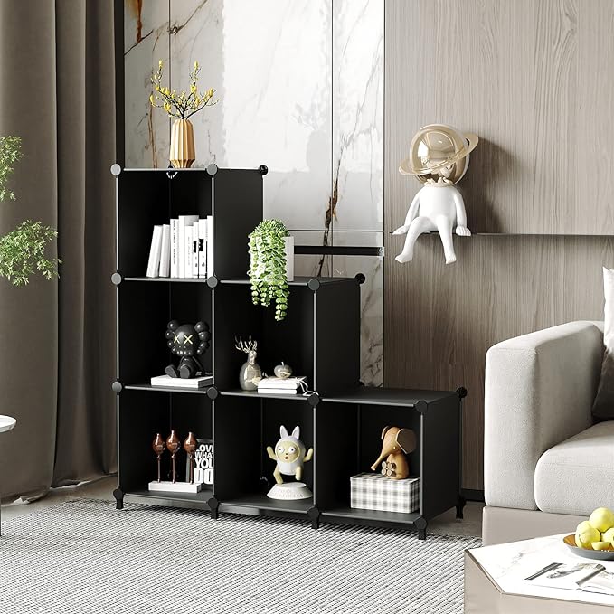 AWTATOS Closet Organizers and Storage, 6 Cube Storage Organizer, Black | Portable Closet Storage Shelves, DIY Stackable Storage Cube Book Shelf, Plastic Clothes Organizer Shelving for Bedroom, Home