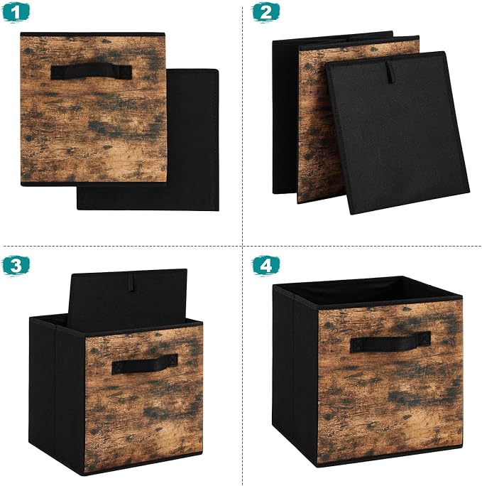 Stero Fabric Storage Cubes, 6 Pack Foldable Storage Bins with Handle, 11 Inch Box for Shelves, Closet, Organizer, Rustic Brown and Black