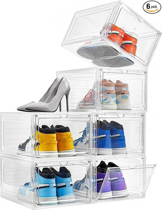 Attelite Shoe Storage Boxes Stackable Clear Shoe Organizer Cabinet,6 Pack | Shoe Box for Entryway Closet,Thicken Sturdy Durable Plastic,Fit up to Men's Size 12,Tool-free Assembly,Magnetic Door