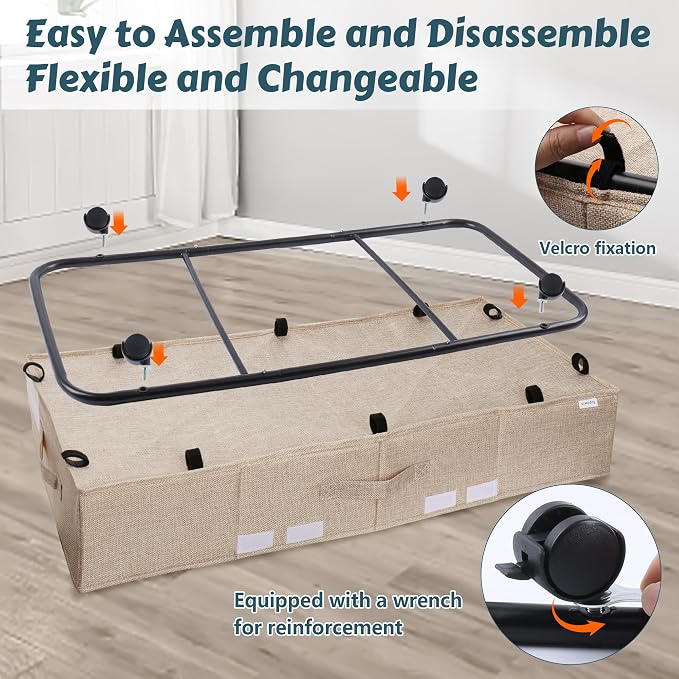 Supowin Under Bed Storage with Wheels, 2Pack Rolling Underbed Storage | 7.3 Inches Tall Under the Bed Container with Lids, Reinforced Handle, Reinforced Metal Bottom Support, 360° Rotating Wheels