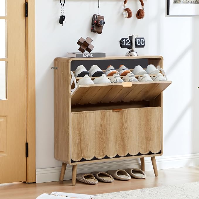 Shoe Storage Cabinet for Entryway with 2 Flip Drawers Set of 2, Freestanding Narrow Wood Shoe Cabinet with Wave Panel, Hidden Shoe Organizer for Foyer, Hallway (Natural)