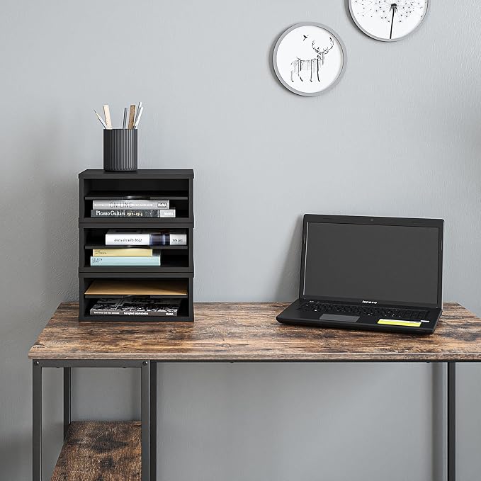 Ballucci File Organizer, 2-Tier Document Paper Sorter, Stackable Wood Desk Organizer Mail Holder, Monitor Stand with Storage Shelves, Black