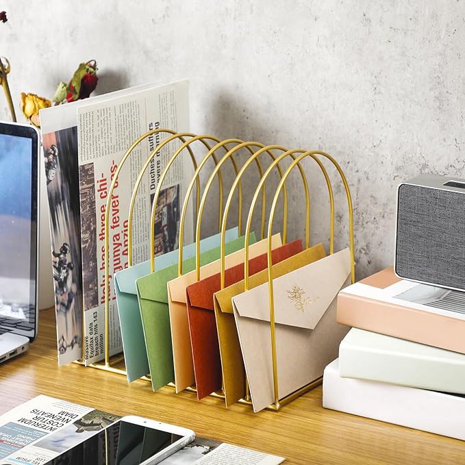 Kosiz 2 Sets Wire File Organizer for Desk 9 Slots Metal File Holder Magazine Folder Mail Desktop Sorter Countertop Folder Stand Racks for Storage Back to School Office Home Photography Prop(Gold)