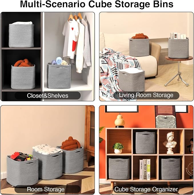 ICERZCZ 13 Inch Cube Closet Storage Bins, Woven Cotton Rope Organizer Baskets for Organizing & Shelves, Books, Towels, Clothes, Toys, 13x13x13 in, Grey (Pack of 3)