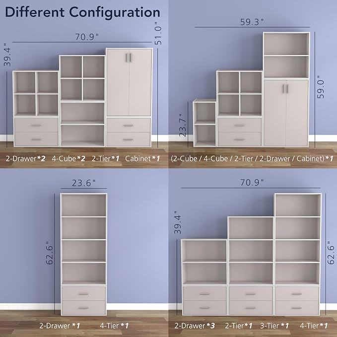 Homes: Inside + Out Apexa 3-Tier Cube Storage Organizer Shelves, Stackable Wood Bookcase Fits Cubby Bins for Organization, Dorm Teen Room Decor & Home Office, Taupe Grey