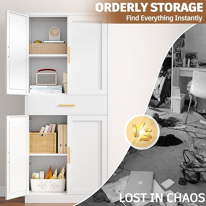 71”Tall Kitchen Pantry Cabinet, Metal Storage Cabinet with Doors and Shelves (White, 1 Drawer)