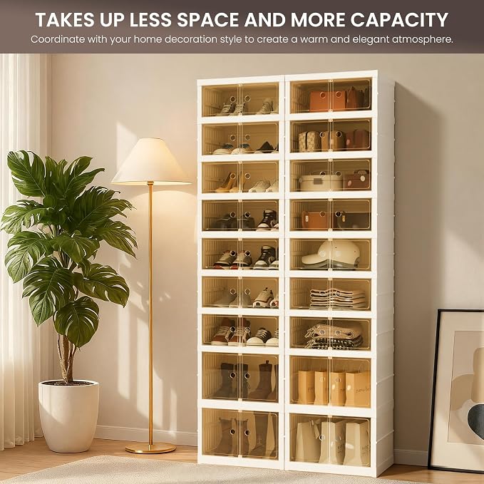 Foldable Shoe Organizer Storage Box Set of 4, Portable Extra Large Folding Shoe Rack for Closet, Shoe Storage Box with Magnetic Transparent Door and Wheels, 9 Layers 18 Grids with 4 Big Grids